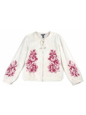 Linen Embroidered Bomber Jacket | White Pink Floral Lightweight Boho | Botanical